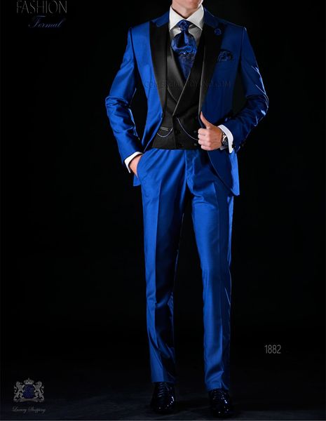 

fashion royal blue 3 piece suit men wedding tuxedos handsome groom tuxedos with peak lapel one button men blazer(jacket+pants+tie+vest) 507, Black;gray
