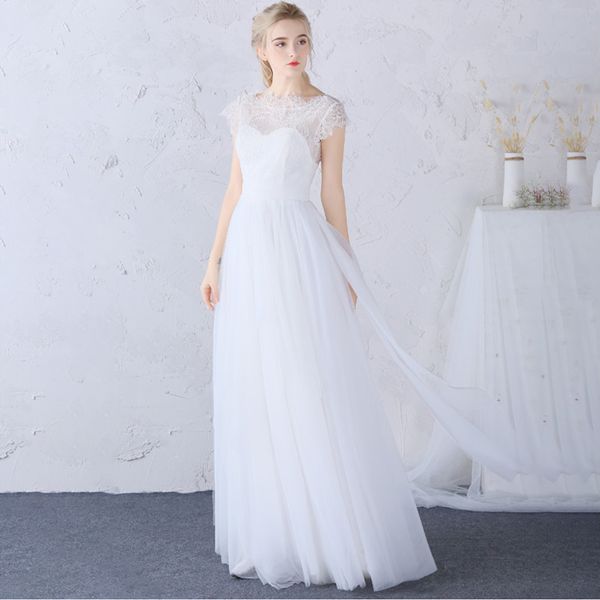 

bateau neck lace tulle a line wedding dresses boho 2018 beach wedding gowns floor length bridal gown, White