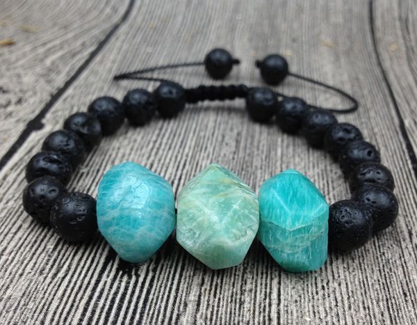 

ya2862 natural amazonite faceted chunky stone black 8mm lava beads knot adjustable bracelet 6.5inch long