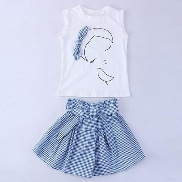 

2018 new baby girl's fashion summer bowknot sleeveless t-shirt + skirt pants clothing set, White