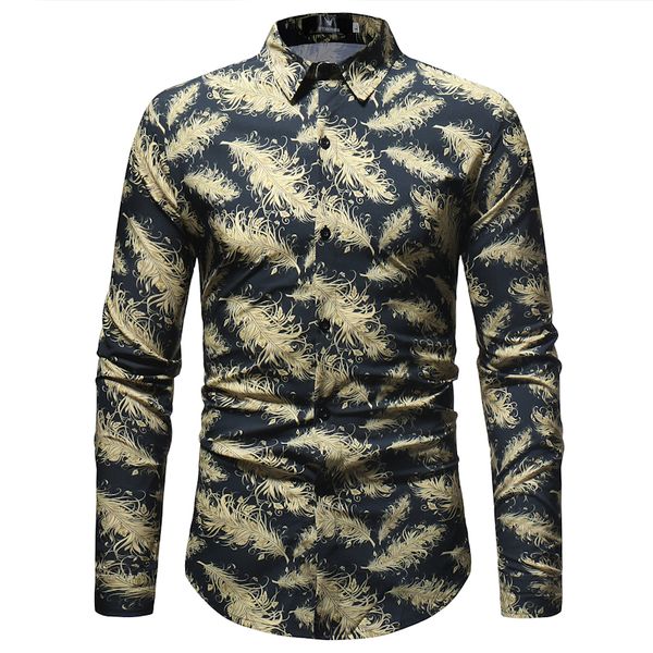 

men business printing shirt nice autumn new fashion casual lapel feather print long-sleeved blouse male casual shirt, White;black