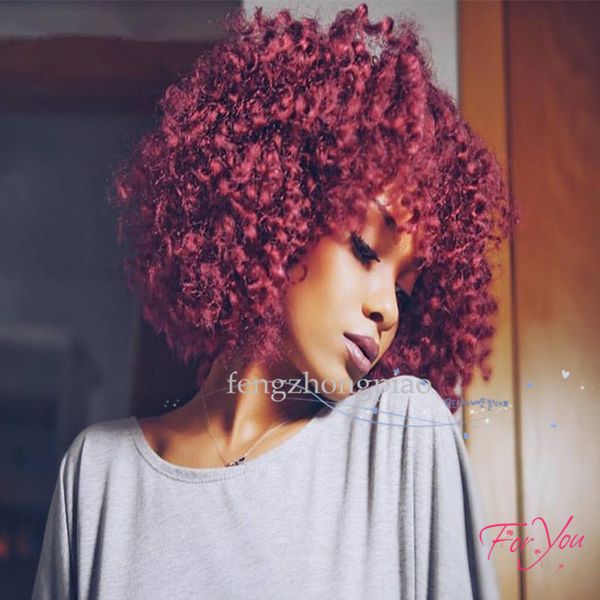 Feng Zhong Piao Short Curly Wigs With Bangs Wine Red Color Afro