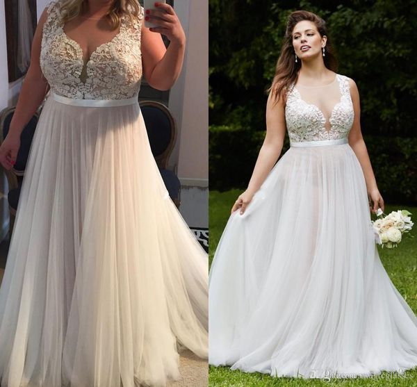 

2019 Vintage Country Lace Plus Size Wedding Dresses Sheer V Neck A Line Tulle Wedding Dress Bridal Gown Cheap Custom Made Sweep Train