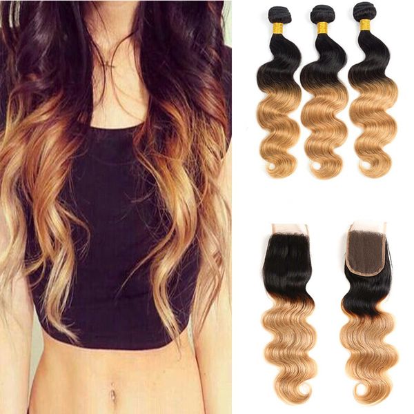 

ombre brazilian human hair weave with closure 1b/27# body wave bundles with lace closure colored honey blonde human hair extension, Black;brown