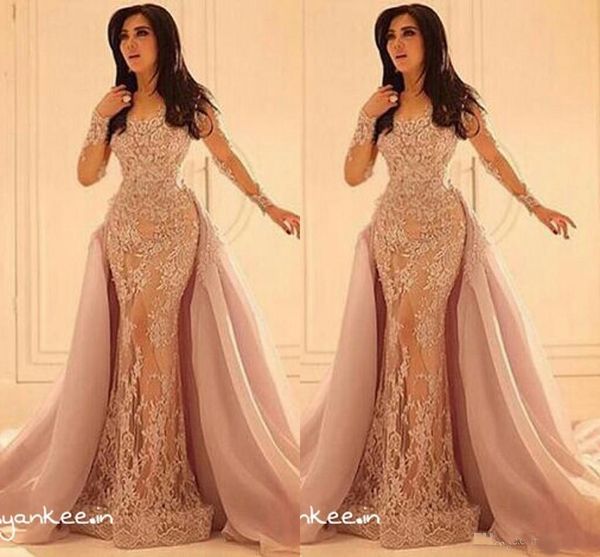 

Long Sleeves Formal Arabic Evening dresses Lace Appliques Crew Sheer Over Skirts Mermaid Prom Gowns Long Formal Wear