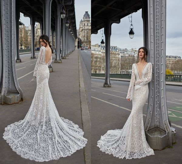 

abiti da sposa 2019 julie vino mermaid wedding dresses deep v neck lace pearls sweep train long sleeve bridal dress wedding gowns, White