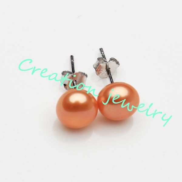 

925 sterling silver 3a 7-8 mm genuine freshwater cultured pearl white button stud earrings for women, Golden;silver
