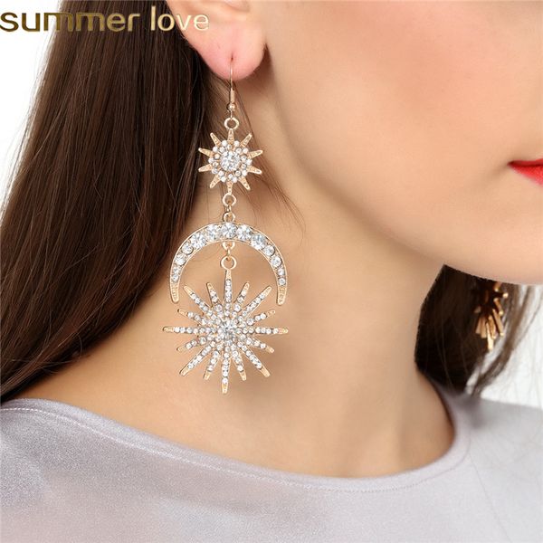 

big luxury sun moon star earrings rhinestone new designer earrings for women jewelry golden boho vintage statement earrings, Silver