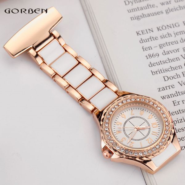 Mode Kristall Rose Gold Clip-on Taschenuhr Analog Brosche Elegante Stahl Frauen Männer Quarz Luxus Krankenschwestern Uhr FOB Gifts278g