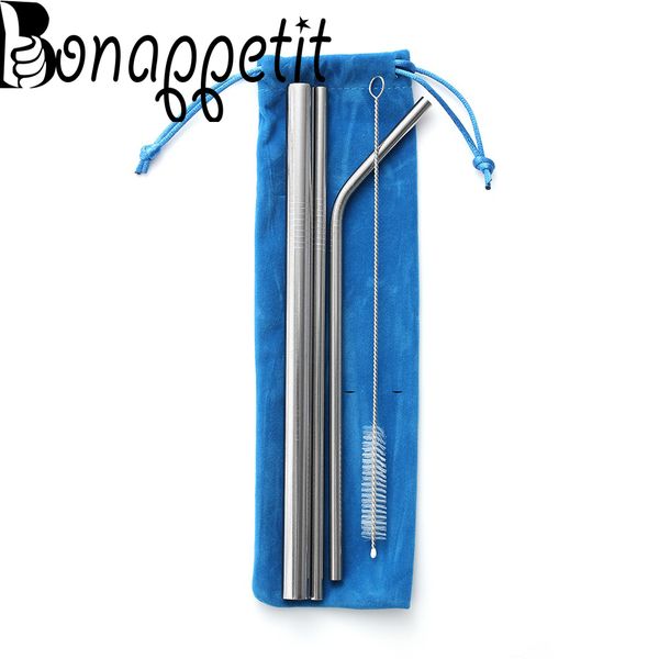 

new drinking straw stainless steel straight&bend straw with cleaner brush bag kitchen bar accessories eco-friendly reusable