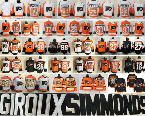 

Philadelphia Flyers Wayne Simmonds 28 Claude Giroux 19 Nolan Patrick 16 Bobby Clarke 26 Brian Propp 27 Ron Hextall 88 Eric Lindros Jerseys