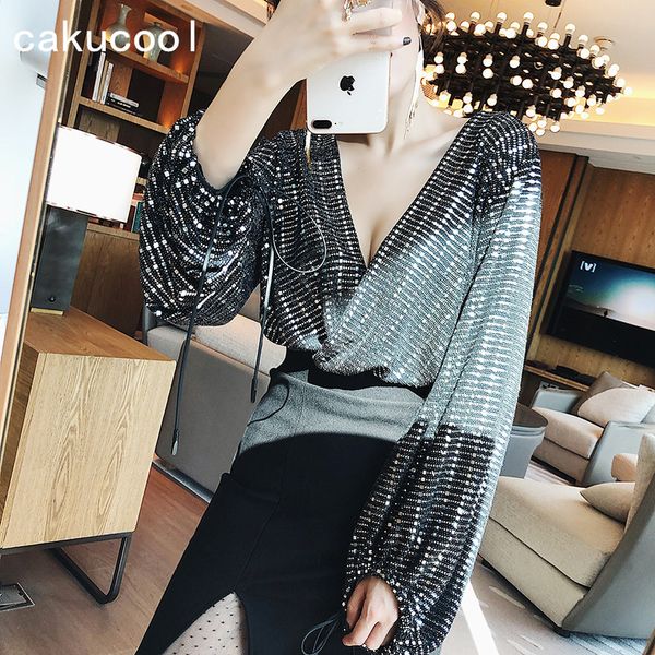 

cakucool women full sequined spring blouse deep v-neck long lantern sleeve blusas bling party club conjoined blouses lady, White