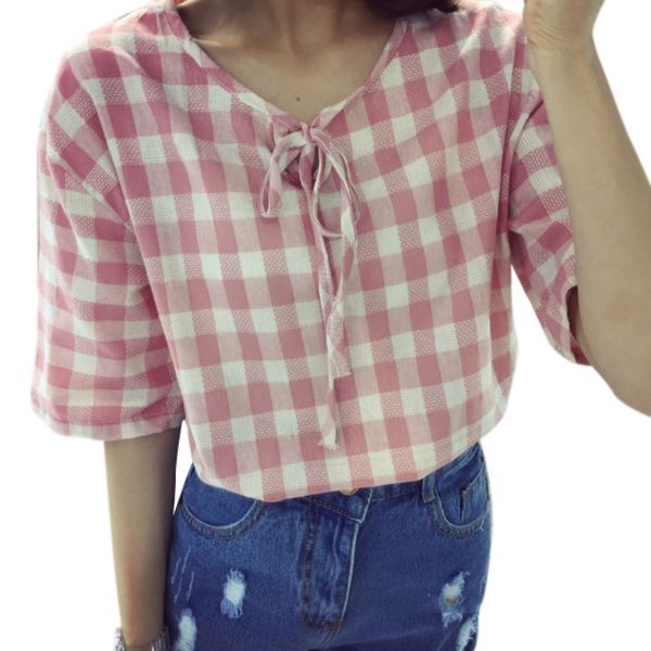 

корейский зашнуровать клетчатые рубашки женщины 2018 с коротким рукавом блузка розовый черный летняя рубашка kawaii blusas femininas elegant, White