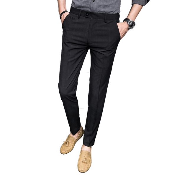 

youth mens plaid suit pants gray black business wedding banquet men dress trousers size 28-34 slim fit male work trousers, White;black