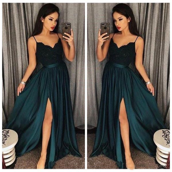 

Arabic Dark Green Dresses Evening Wear 2018 Spaghetti Straps Lace Appliques Side Split A Line Formal Prom Party Dress Pageant Gowns