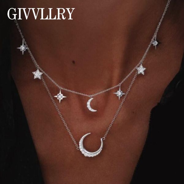 

givvllry bohemian 2 layered chain necklace for women elegant shiny rhinestones star tassel moon pendant necklace fashion jewelry, Silver