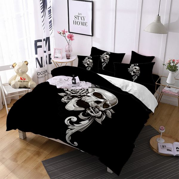 

silver ladies skull bedding set flower print duvet cover home decor comforter cover pillowcase soft bedclothes ropa de cama d15