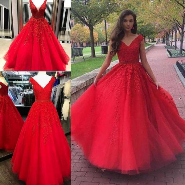 

Красная Линия Quinceanera Платья Новый V Шеи Тюль Кружева Аппликации Бисером Ремень Длинные Сладкий 15 Для Девочек Формальные Платья Выпускного Вечера Партии