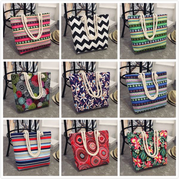 

2018 explosion models simple wild shoulder bag wavy stripes print multiple style canvas bag linen rope handbags beach bag