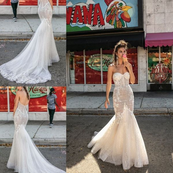 

berta 2019 mermaid lace wedding dresses sweetheart lace backless luxury beaded bridal gowns abiti da sposa beach plus size wedding dress, White