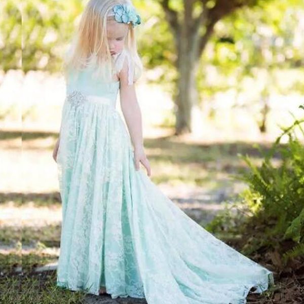 Schöne böhmische Spitze Blumenmädchenkleider Mint Green Türkis Mädchen Kleid Kristalle Schärpe Open Back Kids Formal Wear für Boho Hochzeit Party