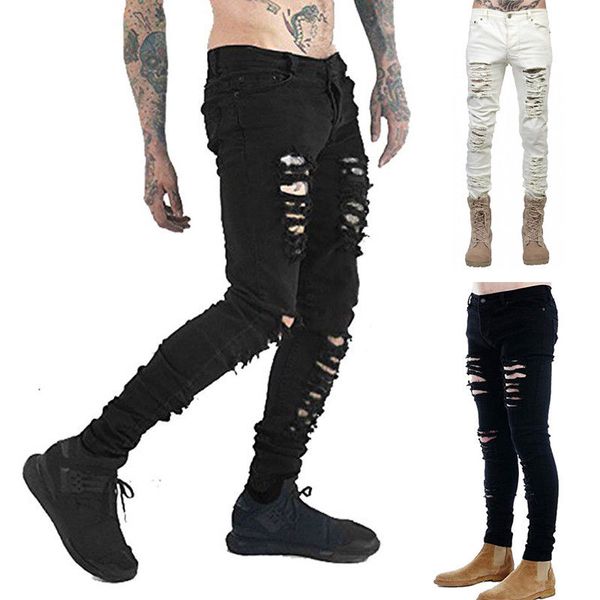 

fashion men skinny hole pencil jeans ripped slim fit stretch denim distress frayed biker jeans boys, Blue
