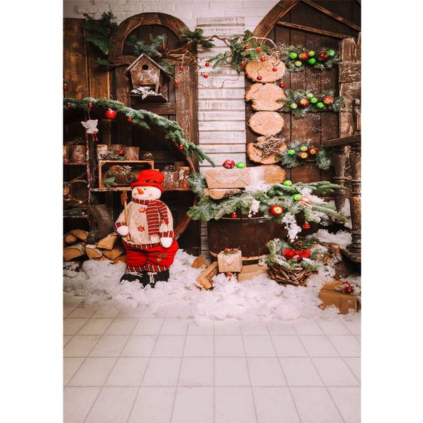 Fundo de Natal de vinil para fotografia impressa bolas de madeira janelas apresenta madeiras inverno neve boneco de neve crianças pano de fundo