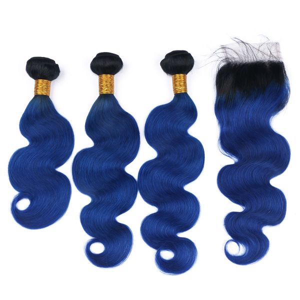 Preto e Azul Escuro Virgem Do Cabelo Humano Brasileiro Tece com Fechamento Do Laço 4x4 Onda Do Corpo # 1B / Azul Ombre 3 Pacotes com Fechamento Superior