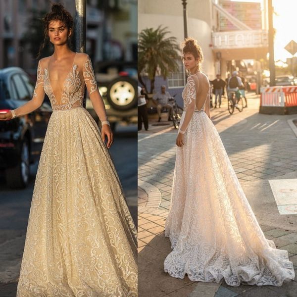 

2019 свадебные платья berta vestido de novia a line глубокий v-образным вырезом с кружевными аппликациями богемное свадебное платье с длинны, White