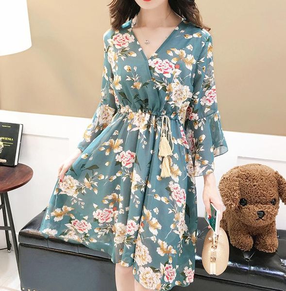 

dress 2018 new style woman korean chiffon dress summer v collar, Black;gray