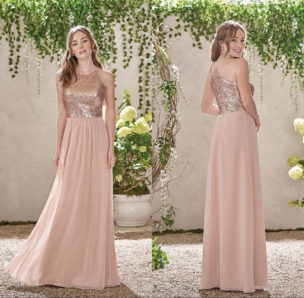 Goldene Brautjungfernkleider, A-Linie, Spaghetti, rückenfrei, Pailletten, Chiffon, günstiges langes Strandkleid für Hochzeitsgäste, Trauzeugin-Kleider