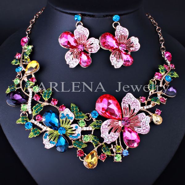 

multicolor crystal rhinestone flower necklace earrings set for women wedding luxury bridal jewelry sets d18101003, Silver