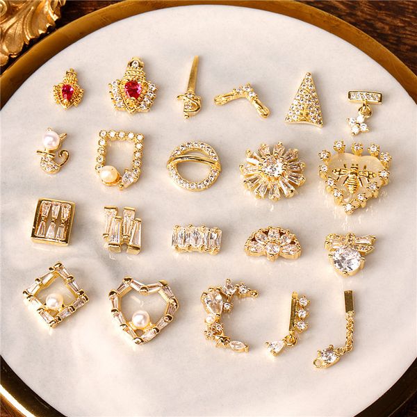 

latest 10pcs alloy zircon nail art decoration luxury zircon rhinestone tassel/heart honey nails jewelry level nail charms, Silver;gold