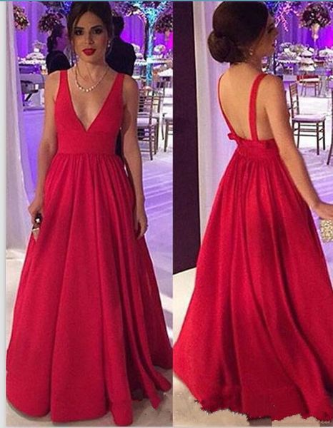 

2018 new satin red deep v neck long evening dresses sleeveless backless a line formal party red carpet prom dresses custom made, Black;red