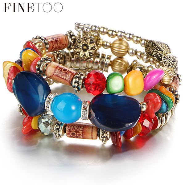 

finetoo boho multilayer irregular resin stone crystal beads bracelet bohemian open cuff bracelets bangles pulseira feminina, Black