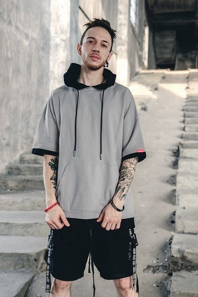 

Men Hooded Tshirts Summer High Street Loose Casual Tops Half Sleeves Tees Kanye Style Top