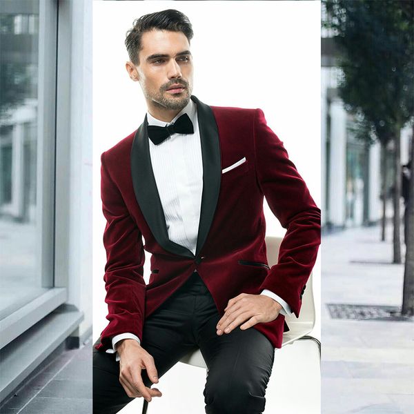 Acheter 2018 Bordeaux Rouge Velours Châle Revers Hommes Costumes De Mariage Costumes Marié Casual Tuxedo Custom Made Mince Fit Meilleur Homme Blazer