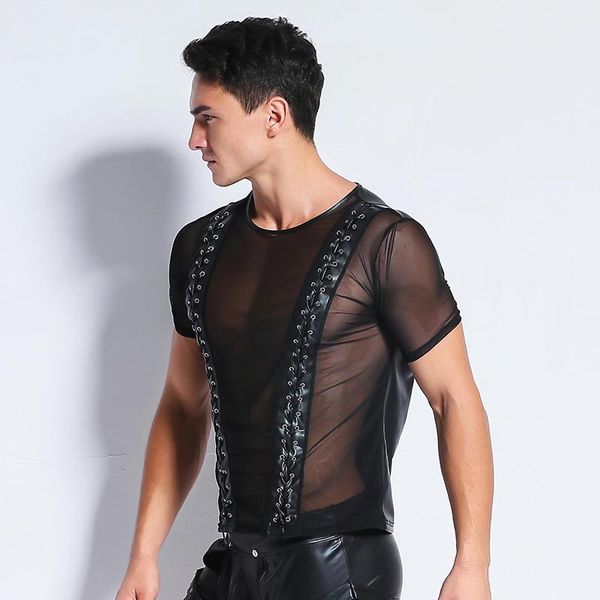 

catsuit costumes lingerie men's patent leather mesh splicing straps tight jacket strong man nightclub show costume, Black