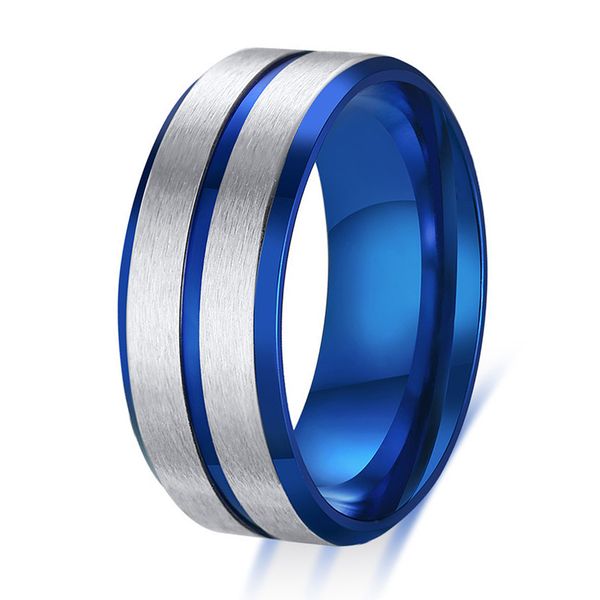 

8mm fashion silver and blue color mens ring stainless steel male wedding band jewelry anel masculino bague homme