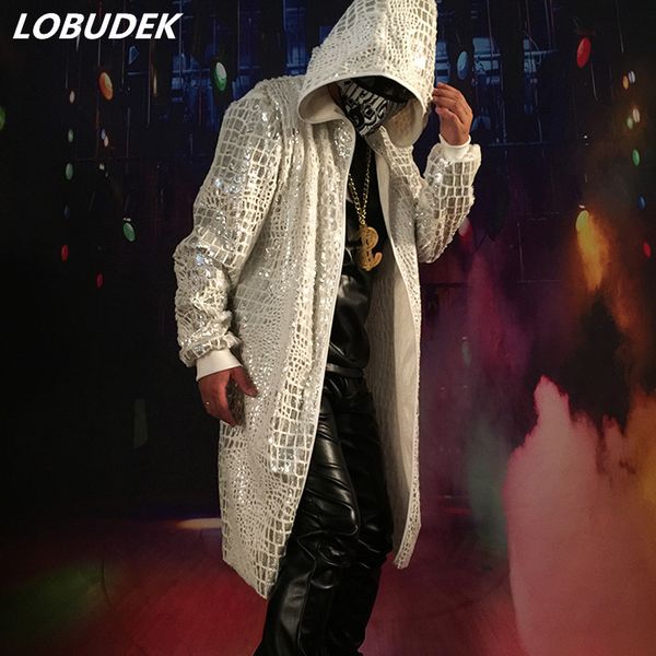 

tide male white silver scale cloak fashion cool long coat punk singer nightclub concert outerwear bar stage performance overcoat, Tan;black