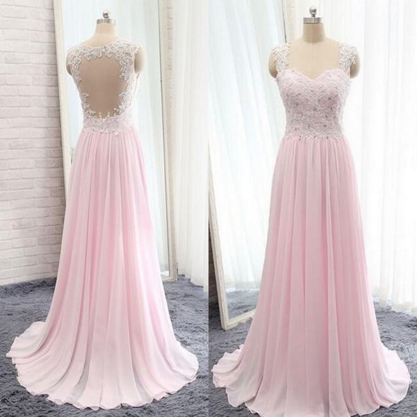 

2019 light pink prom dress sweetheart sheer back beaded lace appliques chiffon formal evening dress sweep train, Black
