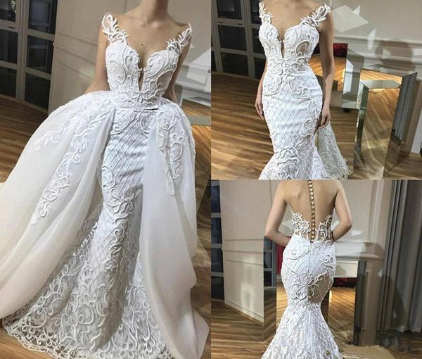 

2018 mermaid wedding dresses with detachable train 3d lace applique neck sweep train country wedding gowns plus size bridal dress, White