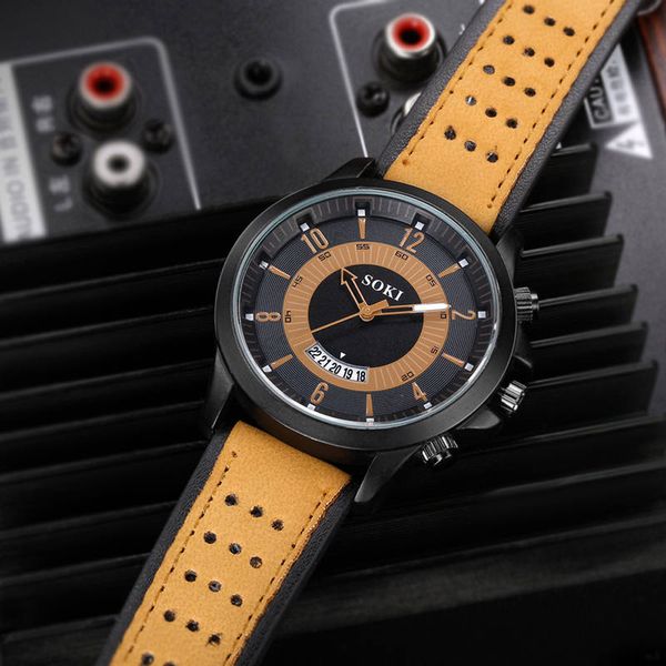 

2018 luxury fashion silica gel leather mens glass quartz analog date watches, Slivery;brown