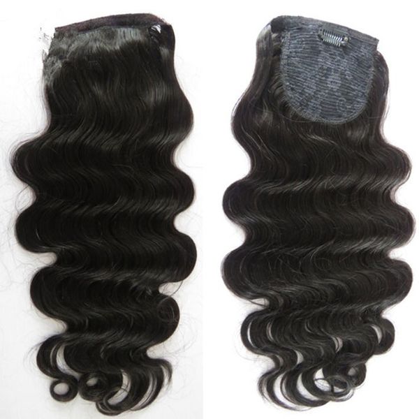

drawstring body wave human hair ponytail hair extenions clip in unprocessed virgin peruvian human hair ponytails wavy 120g 16inch, Black