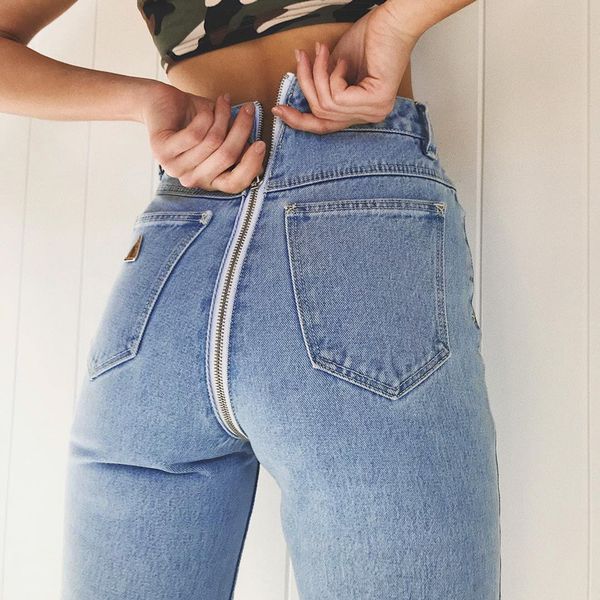 

trendy open crotch jeans butt zip back zipper women leggings straight denim high waist hippie pants cropped harajuku winter, Blue