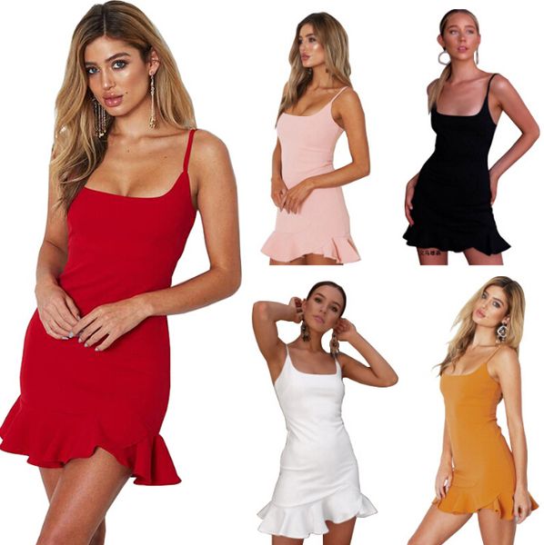 

Women U Scoop Neck Bodycon Dress Candy Color Summer Spaghetti Strap Ruffles Dress Sleeveless