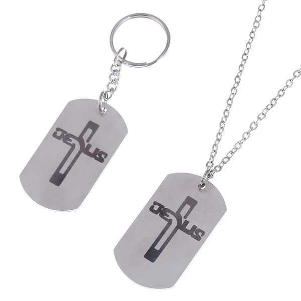 

stainless steel black carved cross dog tag pendant necklace keychain set, Silver