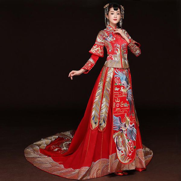 Vintage rotes Braut-Heiratskleid, antikes Kleid, besticktes Phönix-Königskostüm, traditionelle chinesische Frauen, Hochzeit, Cheongsam, ethnische Kleidung