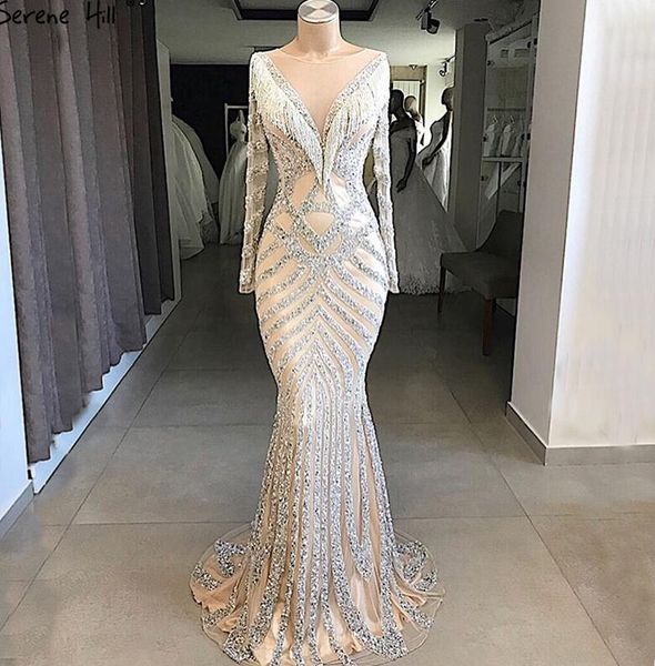 

New dubai nude lim mermaid prom dre e 2018 long leeve beading ta el fa hion formal evening gown