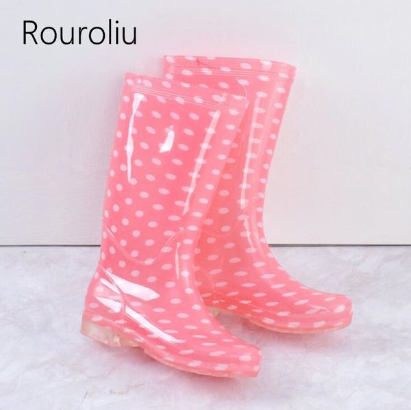 

rouroliu women comfortable non-slip rainboots fashion pvc waterproof water shoes wellies polka dot rain boots woman rt341, Black